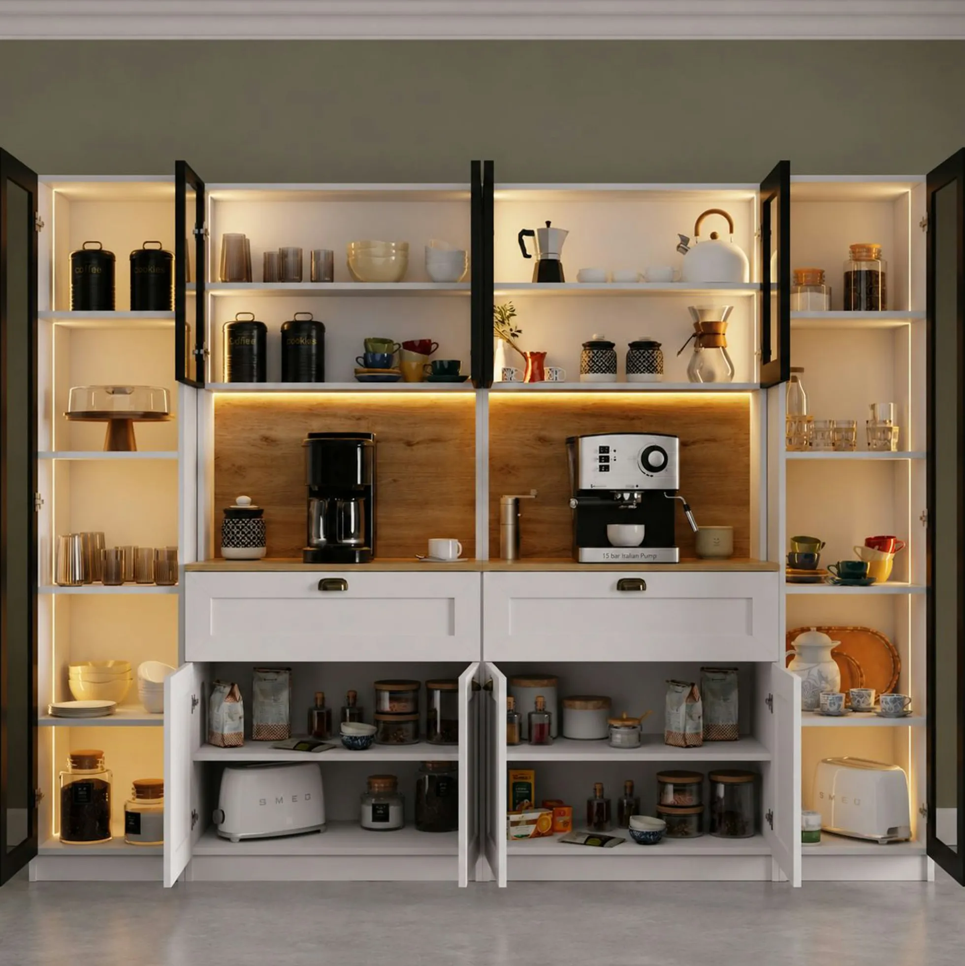 Grand vaisselier de cuisine à LED 10 portes décor blanc et noir AURA