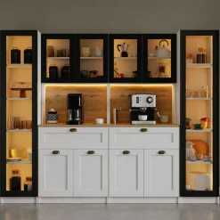 Grand vaisselier de cuisine à LED 10 portes décor blanc et noir AURA