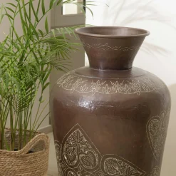Grand vase oriental couleur cuivre foncé patiné motifs dorés H85,5 cm NADOR