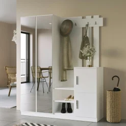 Grand vestiaire d'entrée blanc 3 portes 1 miroir JENA