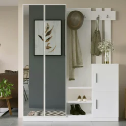 Grand vestiaire d'entrée blanc 3 portes 1 miroir JENA
