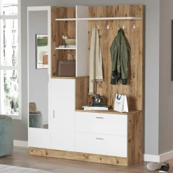 Grand vestiaire d’entrée décor blanc et bois 1 miroir JENA