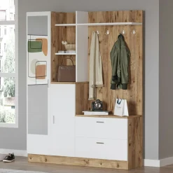 Grand vestiaire d’entrée décor blanc et bois 1 miroir JENA