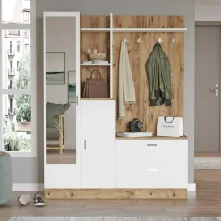 Grand vestiaire d’entrée décor blanc et bois 1 miroir JENA