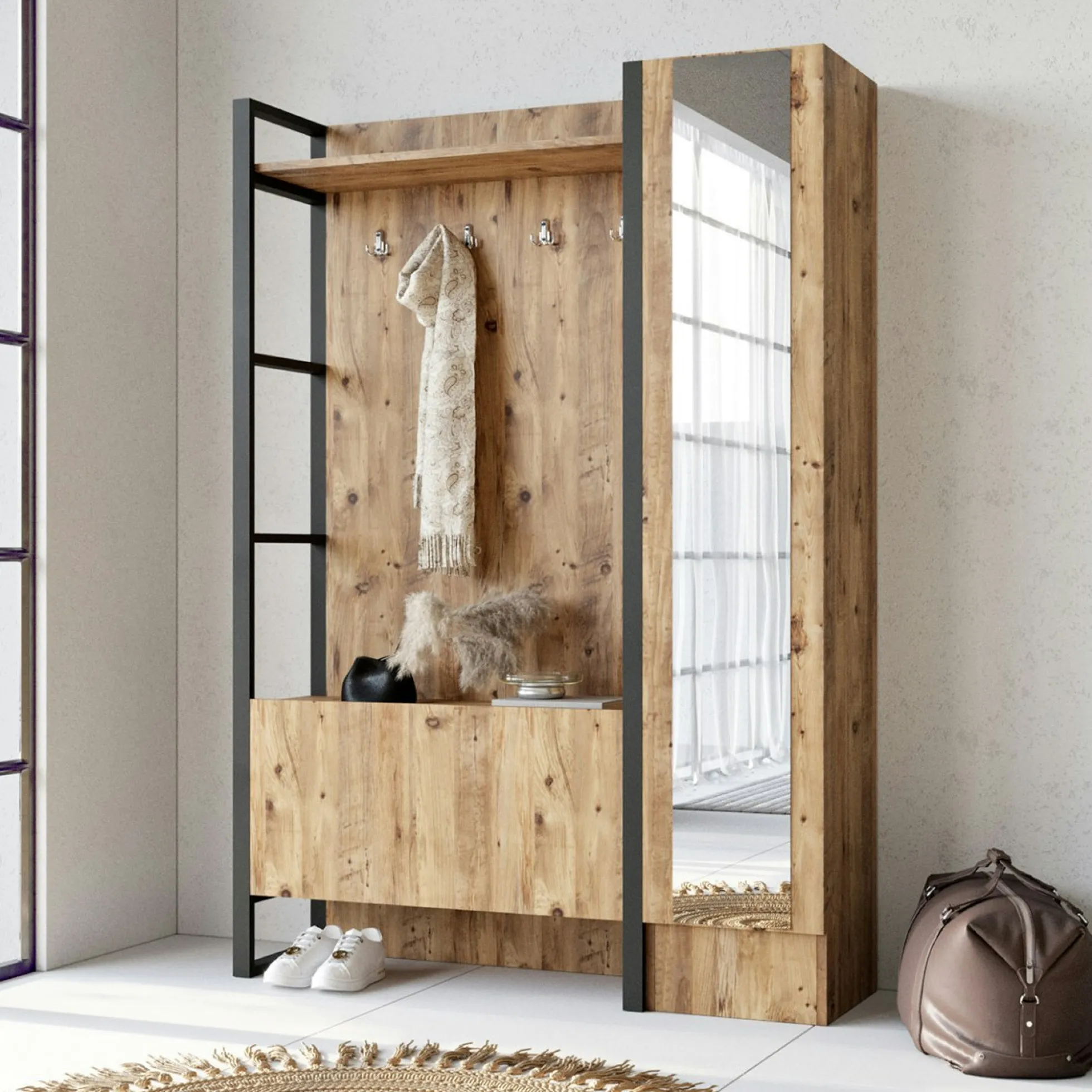 Grand vestiaire d'entrée rustique chic 1 miroir 2 portes MARFA