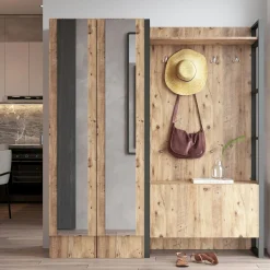 Grand vestiaire d'entrée rustique 3 portes 2 miroirs JENA