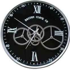 Horloge engrenages argent fond noir Boston