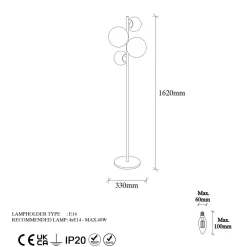 Lampadaire art déco doré, 4 globes verre dépoli SIERRE