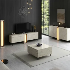 Lampadaire colonne LED décor travertin à télécommande AURA