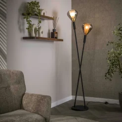Lampadaire design tiges croisées, 2 abat-jour gouttes NIAGARA