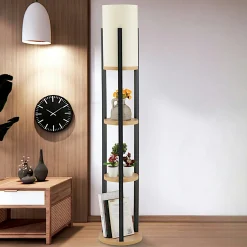 Lampadaire moderne décoratif avec étagères effet bois clair KILIS