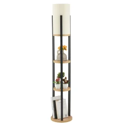 Lampadaire moderne décoratif avec étagères effet bois clair KILIS