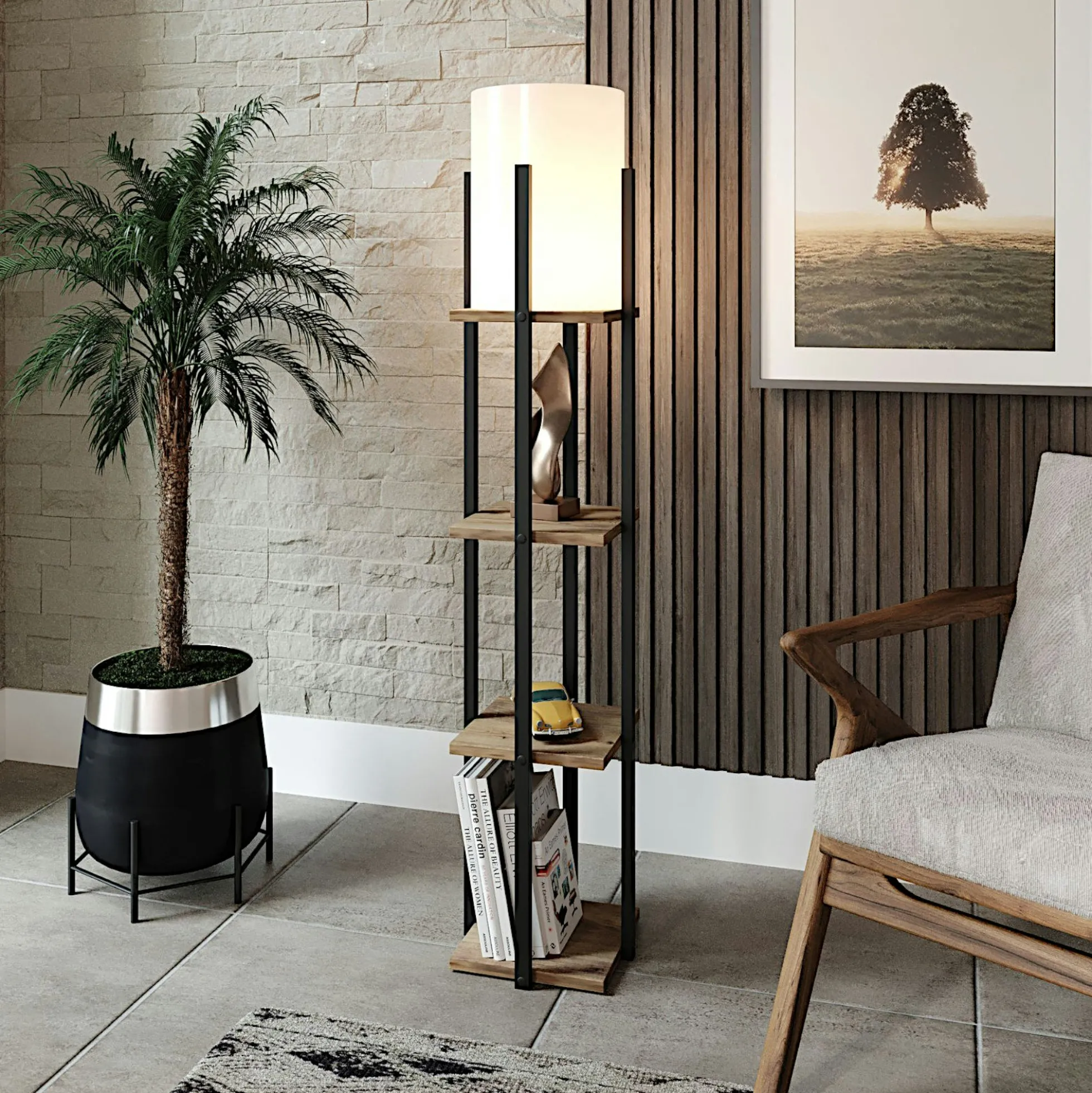 Lampadaire moderne décoratif avec étagères carrées effet bois KILIS