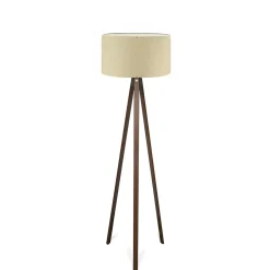 Lampadaire trépied effet bois brun, abat-jour beige KILIS