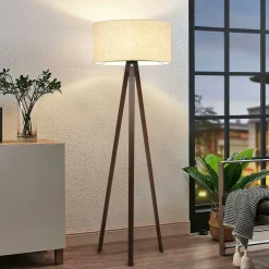 Lampadaire trépied effet bois brun, abat-jour beige KILIS