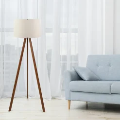 Lampadaire trépied effet bois noyer, abat-jour écru KILIS