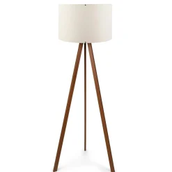 Lampadaire trépied effet bois noyer, abat-jour écru KILIS