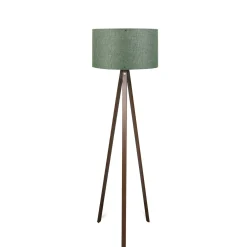 Lampadaire trépied effet bois brun, abat-jour vert KILIS