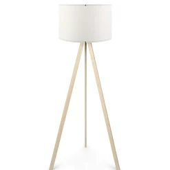 Lampadaire trépied effet bois clair, abat-jour blanc KILIS