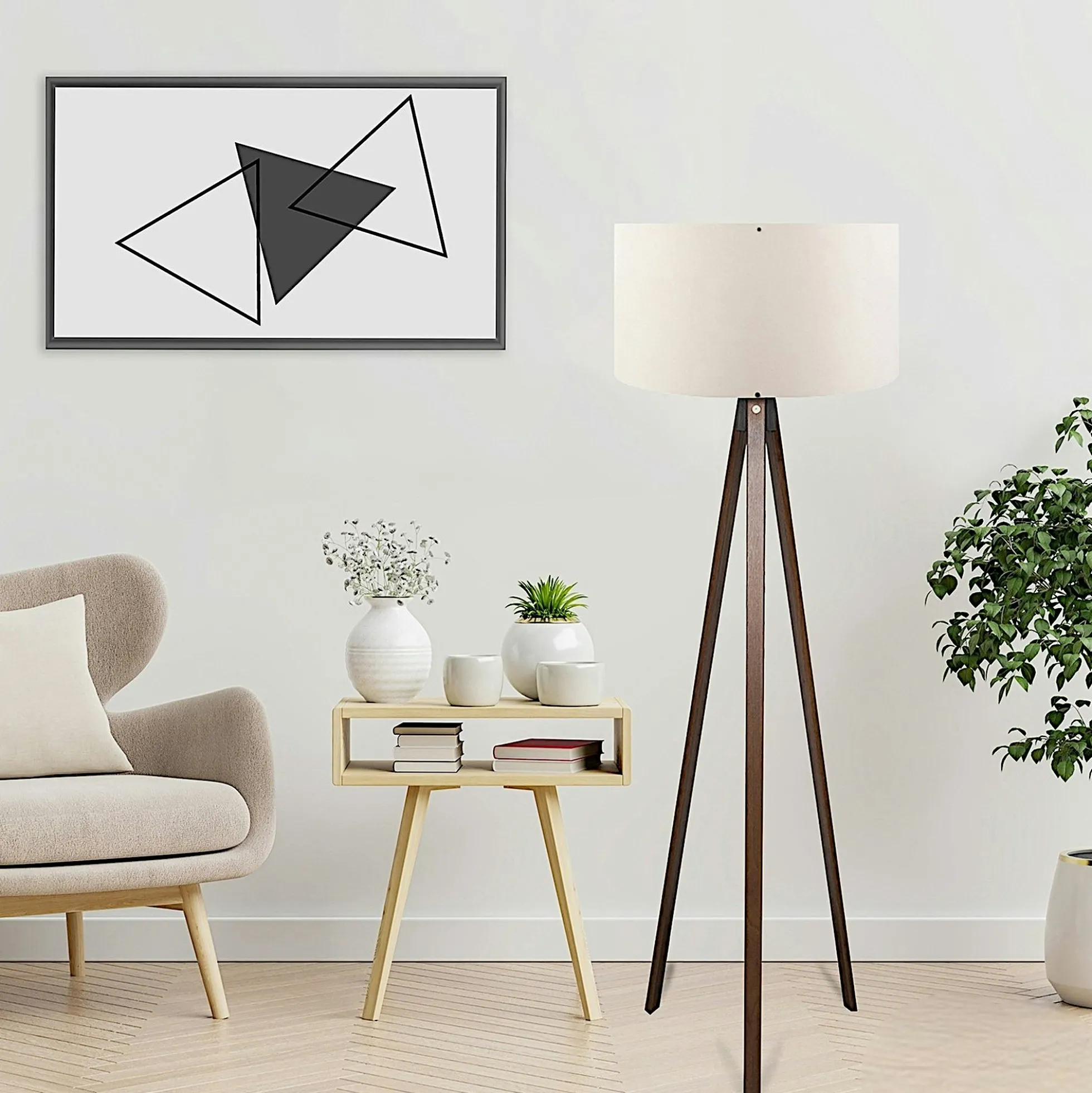 Lampadaire trépied effet bois brun, abat-jour écru KILIS