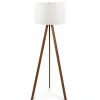 Lampadaire trépied effet bois noyer, abat-jour blanc KILIS