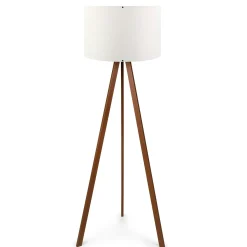 Lampadaire trépied effet bois noyer, abat-jour blanc KILIS