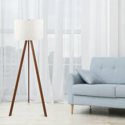 Lampadaire trépied effet bois noyer, abat-jour blanc KILIS