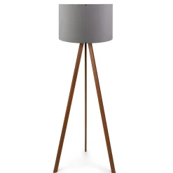 Lampadaire trépied effet bois noyer, abat-jour gris KILIS