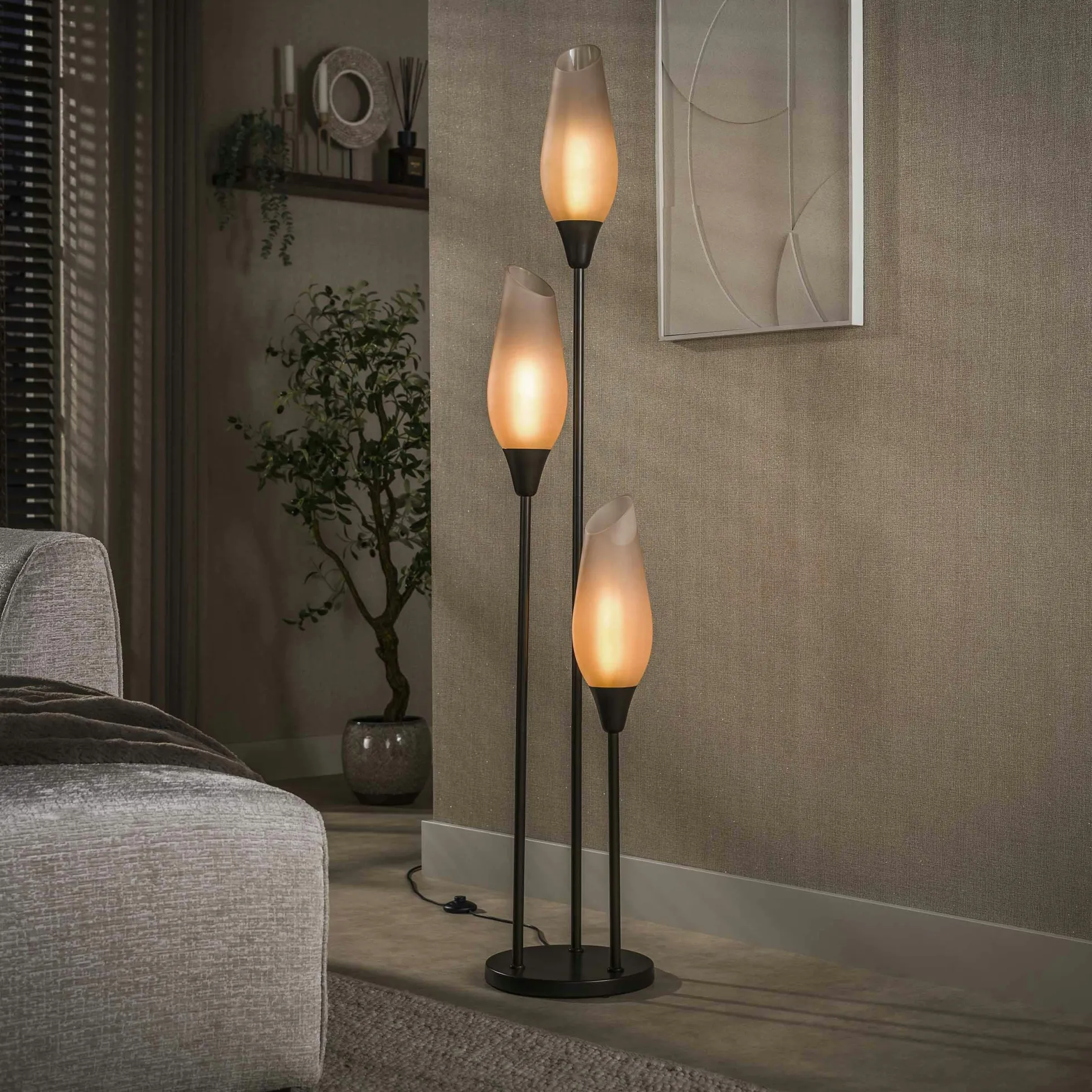 Lampadaire verre dépoli métal 3 abat-jour NIAGARA