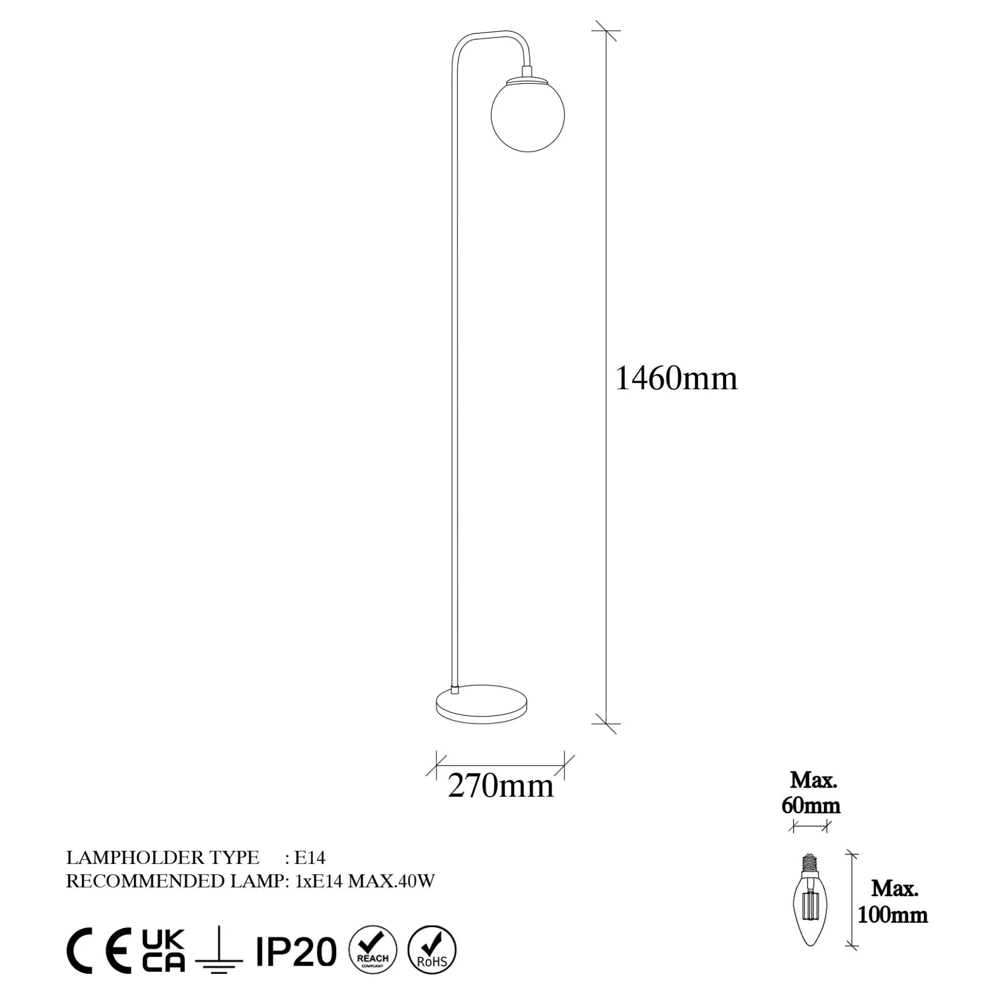Lampadaire vintage sur tige, 1 globe verre dépoli SIERRE
