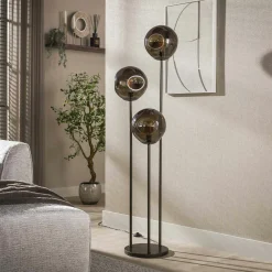Lampadaire vintage verre brun 3 globes sur tige bronze NIAGARA