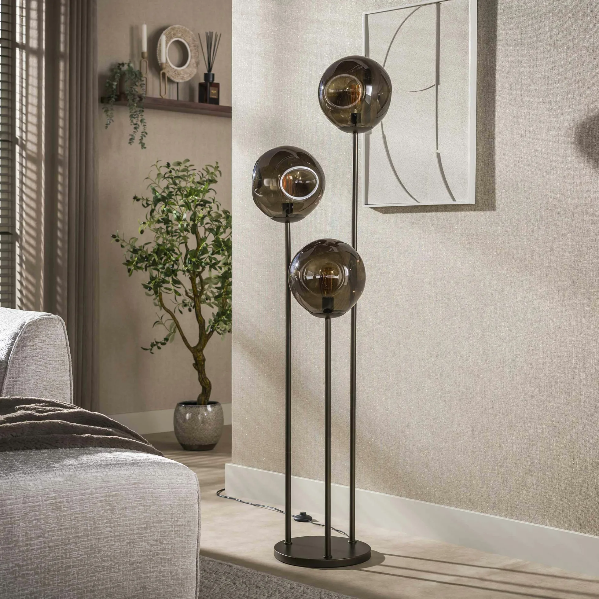 Lampadaire vintage verre brun 3 globes sur tige bronze NIAGARA