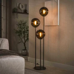 Lampadaire vintage verre brun 3 globes sur tige bronze NIAGARA