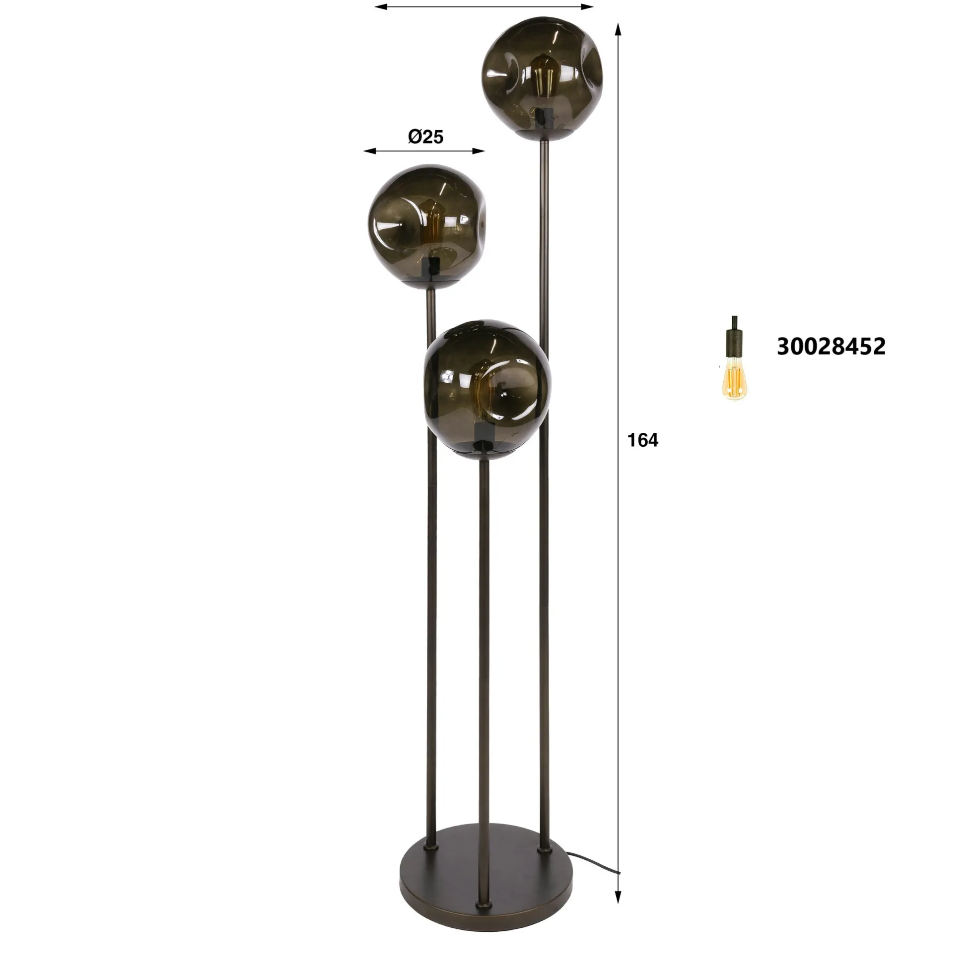 Lampadaire vintage verre brun 3 globes sur tige bronze NIAGARA
