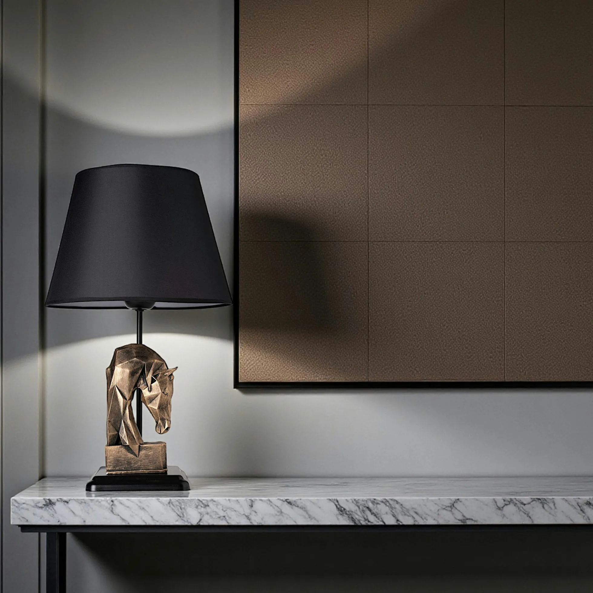 Lampe de salon décorative noire, tête de cheval dorée SILE