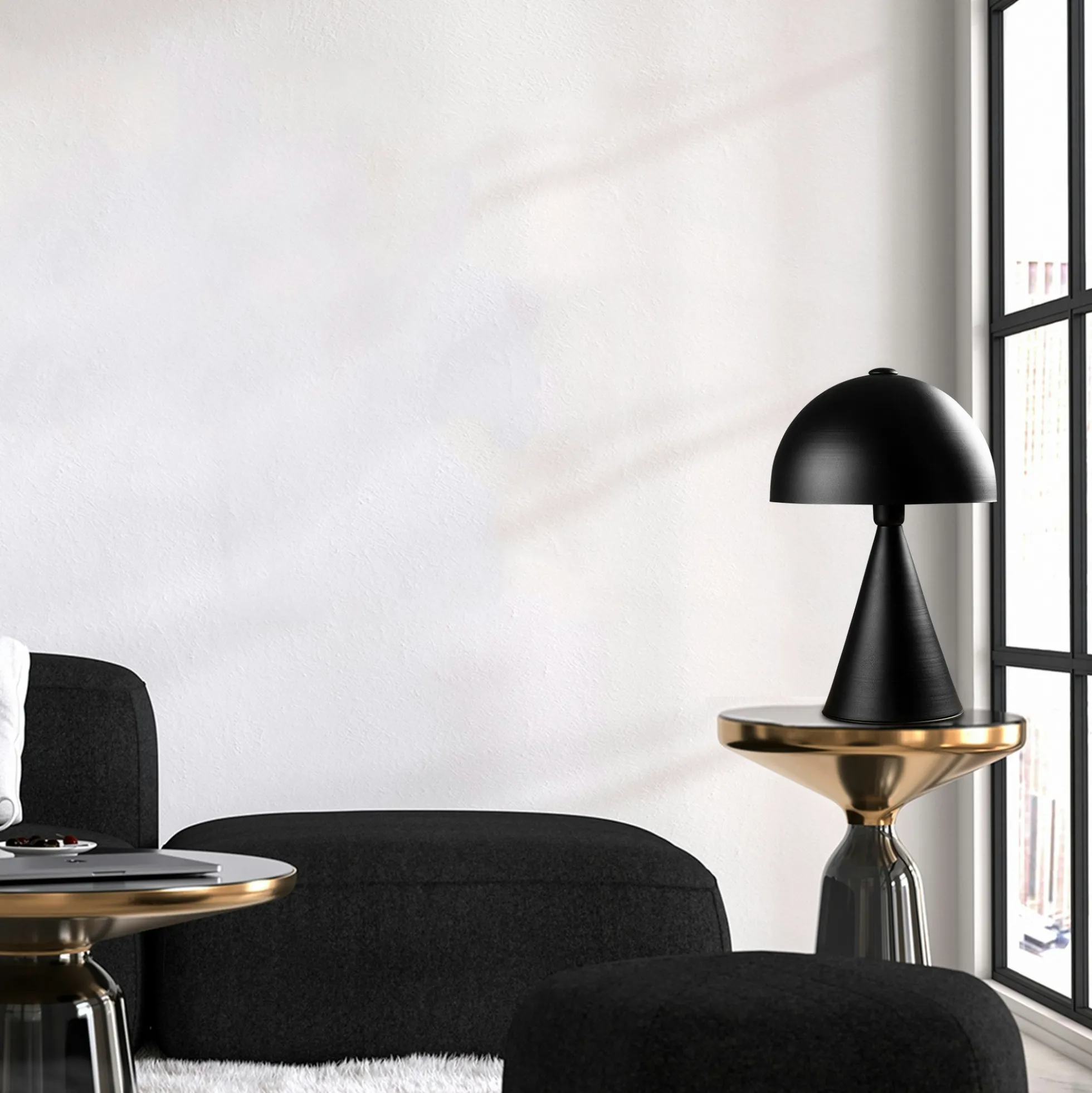 Lampe de table design noire, abat-jour rond vintage SILE