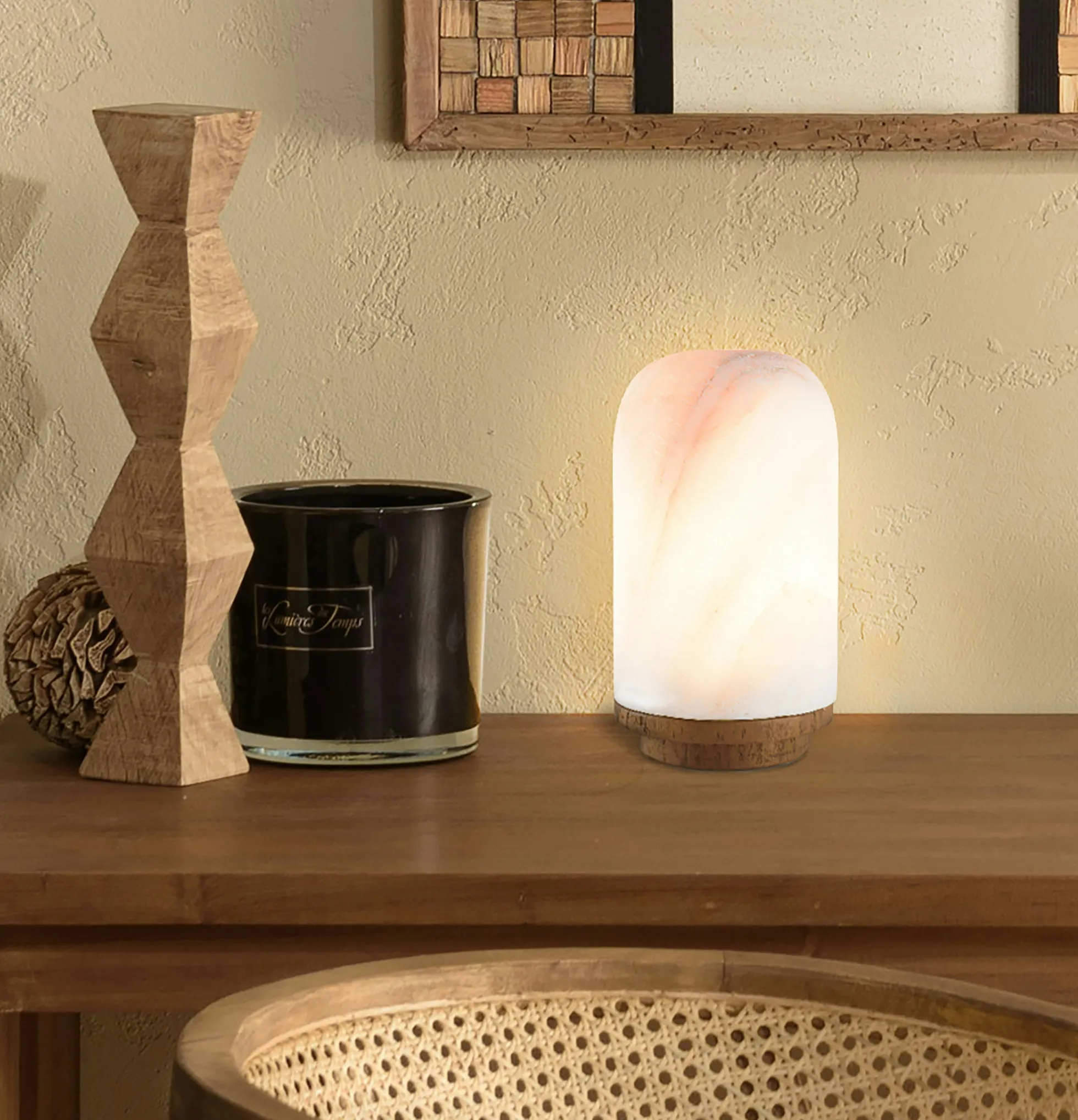 Lampe de table 10x10cm en pierre naturelle d'onyx et teck FOLELLI