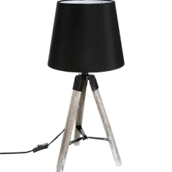 Lampe en bois grisé forme trépied et abat-jour coton noir D28xH58cm