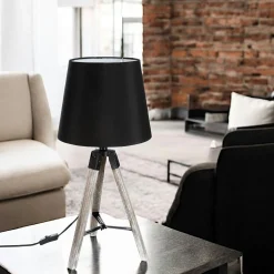 Lampe en bois grisé forme trépied et abat-jour coton noir D28xH58cm