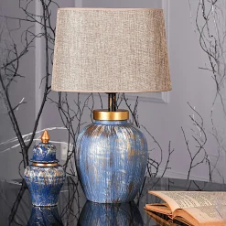 Lampe à poser moderne bleu & or, abat-jour en tissu KARS