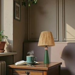 Lampe à poser rustique verte, abat-jour tissu plissé KARS