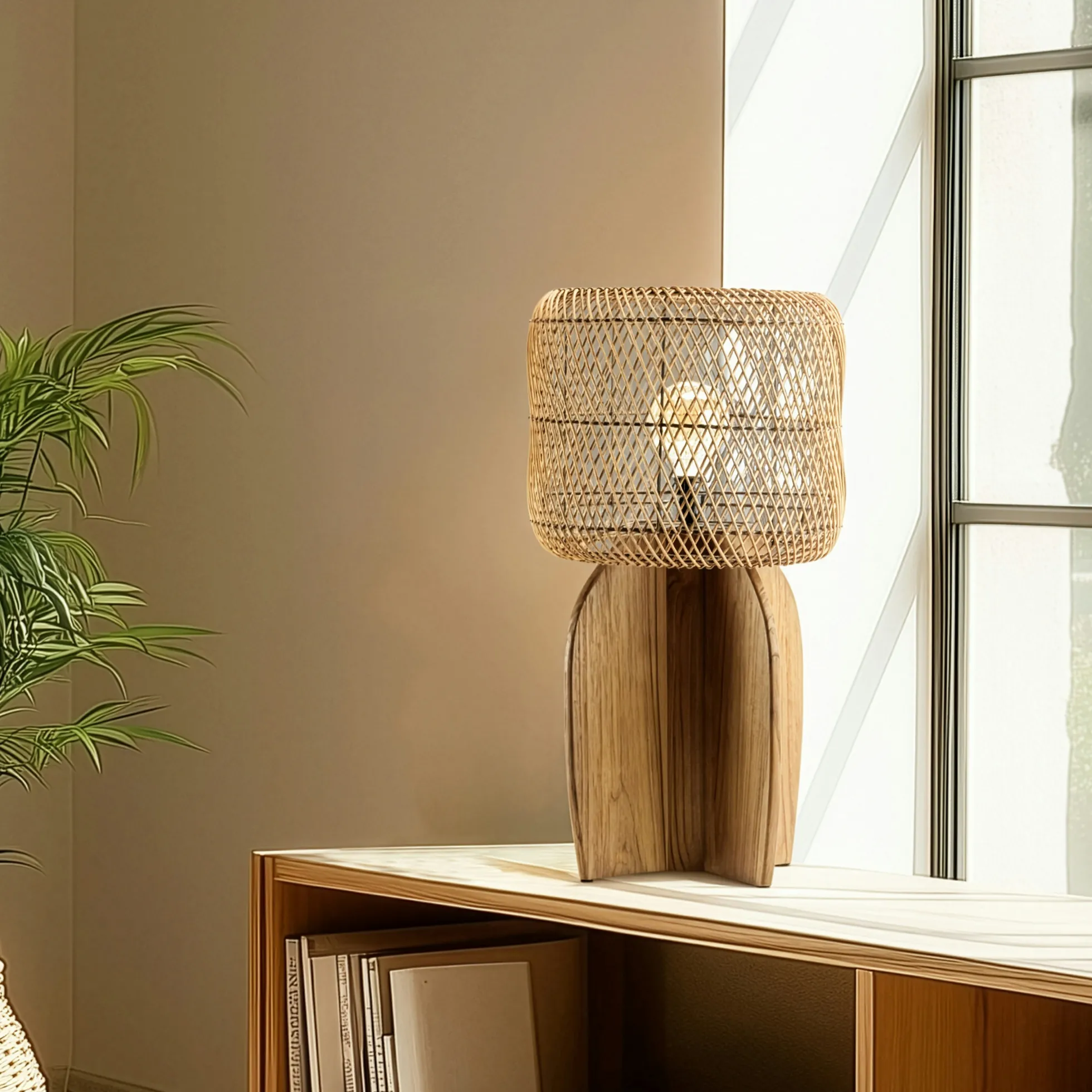 Lampe 38x38cm en rotin couleur naturelle et bois de teck recyclé SWING
