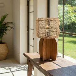 Lampe 38x38cm en rotin couleur naturelle et bois de teck recyclé SWING