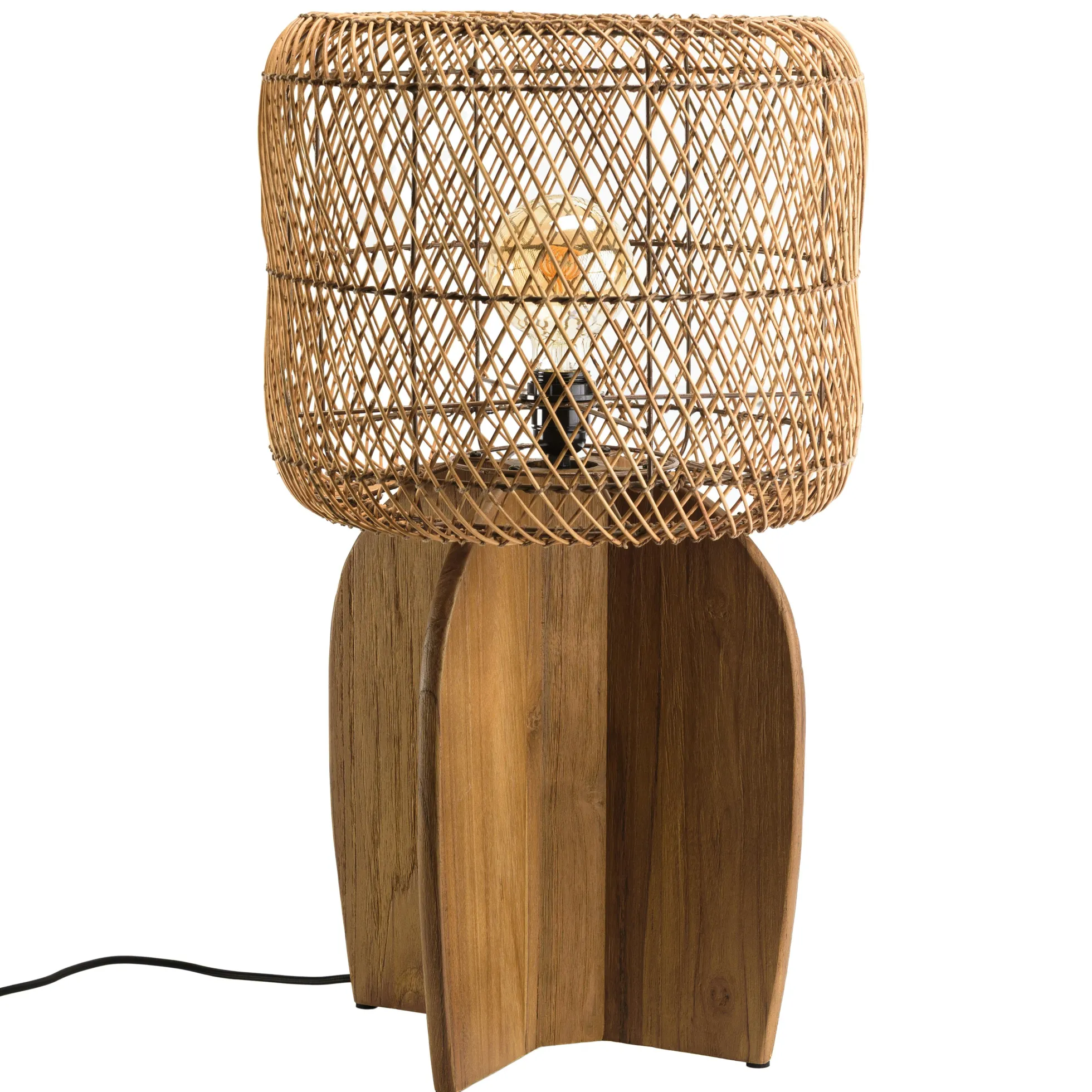 Lampe 38x38cm en rotin couleur naturelle et bois de teck recyclé SWING