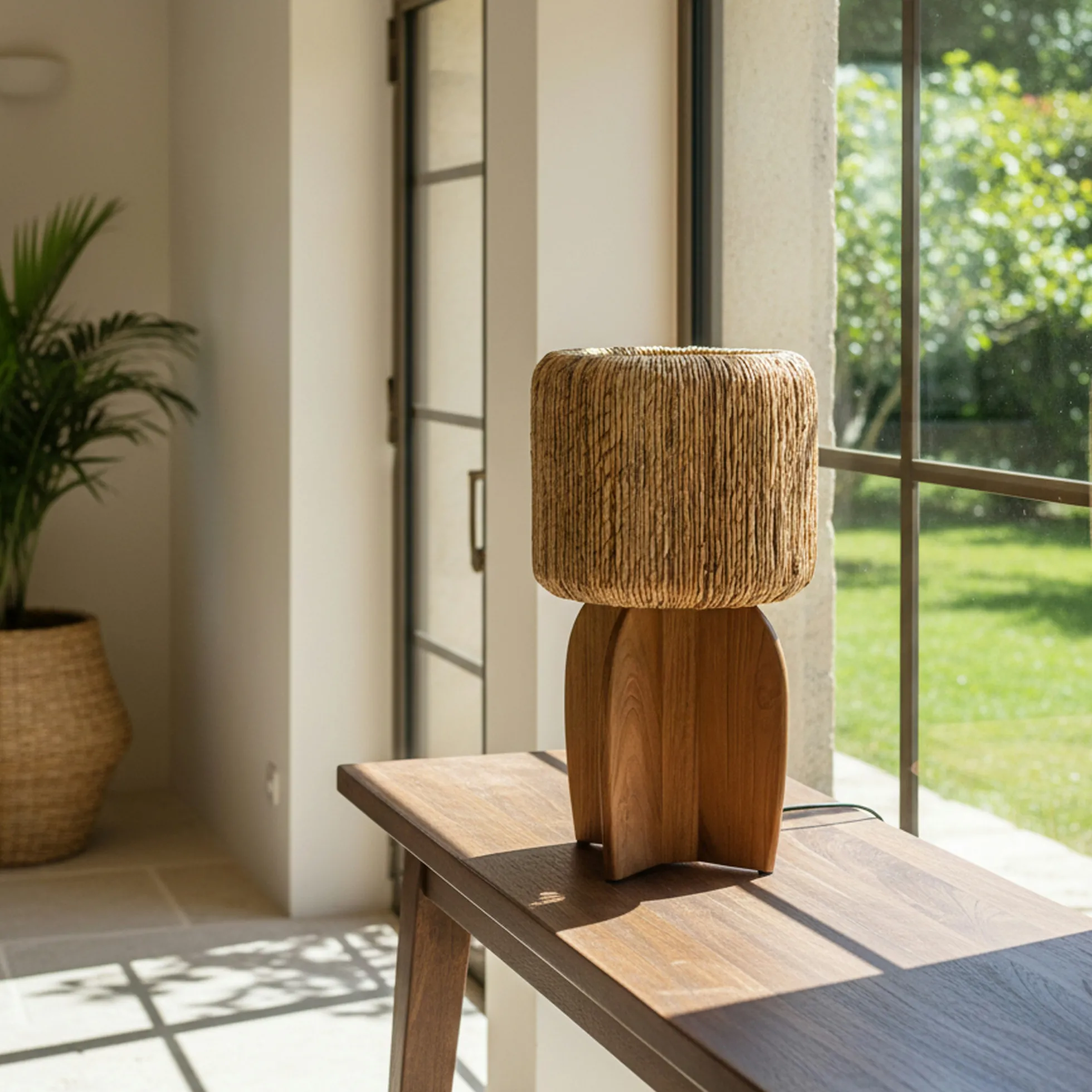 Lampe 30x30cm en rotin couleur naturelle et bois de teck recyclé SWING