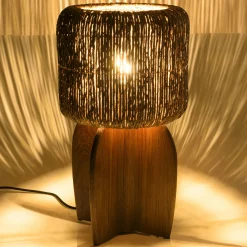 Lampe 30x30cm en rotin couleur naturelle et bois de teck recyclé SWING