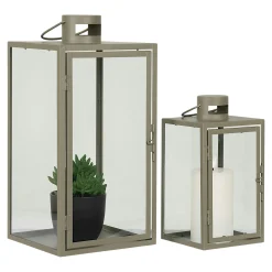 Lanterne décorative à poignée en métal beige et verre (lot de 2)
