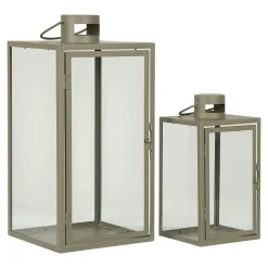 Lanterne décorative à poignée en métal beige et verre (lot de 2)