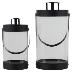 Lanterne décorative ronde métal noir et verre (lot de 2)