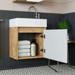 Lave-mains suspendu blanc et décor pin 1 porte LUA